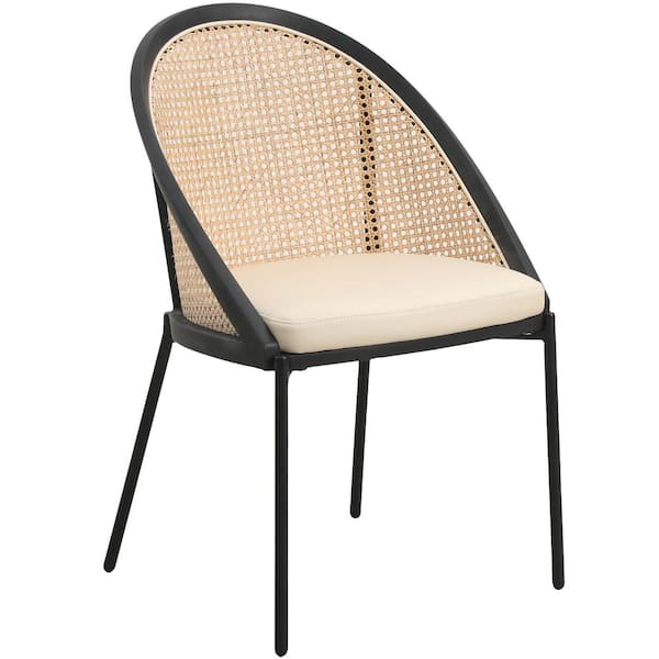Leisuremod Dining Chair with Vinyl Fabric Seat and Wicker Backrest in Black Stainless Steel Urbane Collection in Cream