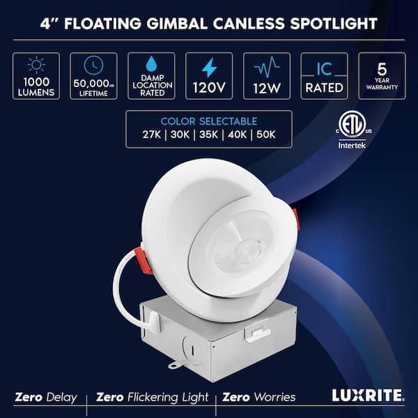 4 in. Floating Adjustable LED Can less Recessed Light, J-Box, 5CCT 2700K-5000K, Dimmable, 12-Watt, 1000LM, Damp Rated