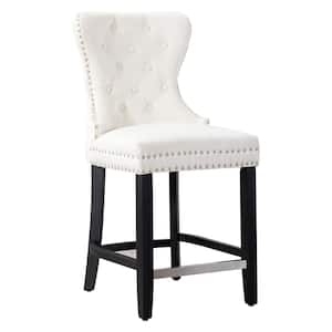 Harper 24 in. High Back Nail Head Trim Button Tufted Cream Velvet Counter Stool with Solid Wood Frame in Black