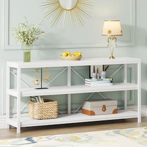 Turrella 55 in. W White 3-Tiers Narrow Long Rectangle Wood Console Table with Storage Shelves for Entryway Sofa