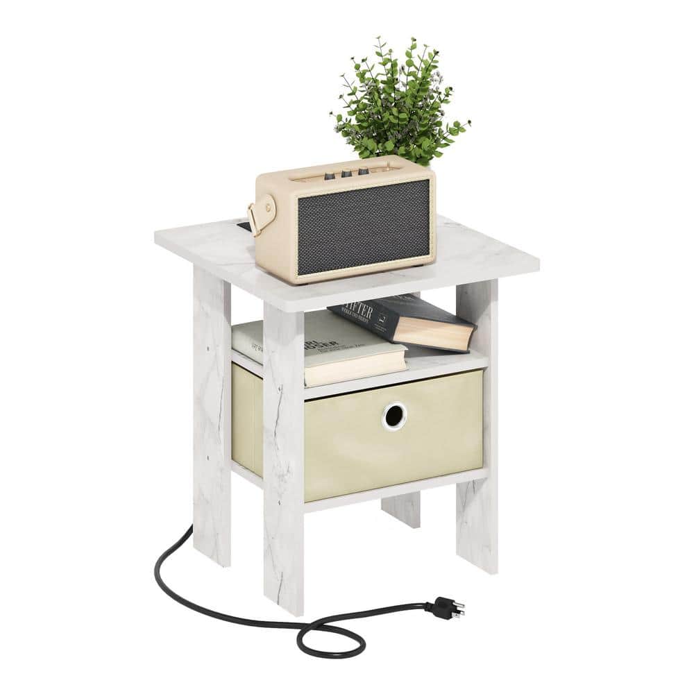 Marble White Charging Station End Table with Storage Bin
