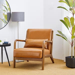 30.00 in. H Mid-Century Modern Yellowish-brown Leatherette Accent Armchair with Walnut Ruber Wood Frame