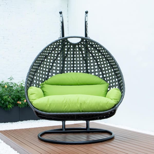 LeisureMod Charcoal Wicker Hanging 2 Person Egg Swing Chair - Light Green