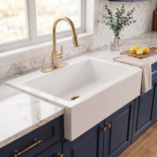 Josephine 34 in. 3-Hole Quick-Fit Farmhouse/Apron-Front Drop-In Single Bowl Crisp White Fireclay Kitchen Sink
