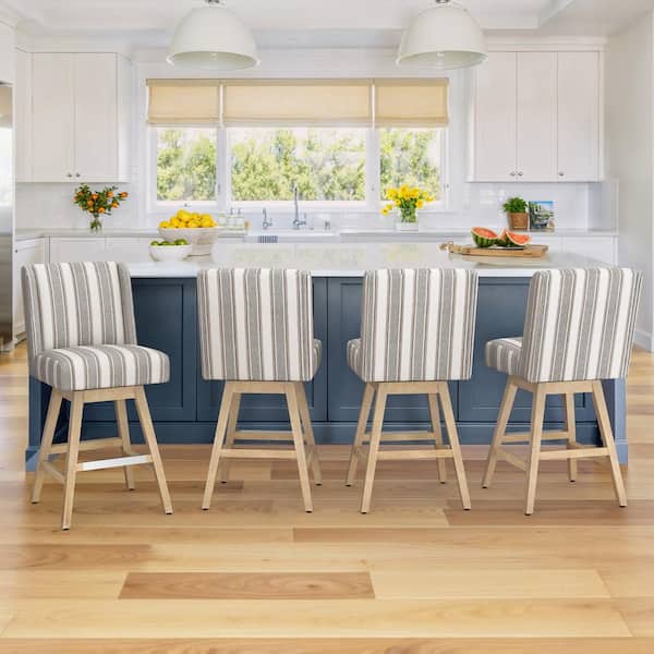 LUE BONA Joyce 26 in. Gray White Striped Fabric Upholstered Swivel Bar Stool with Solid Wood Leg Counter Stool (Set of 4)