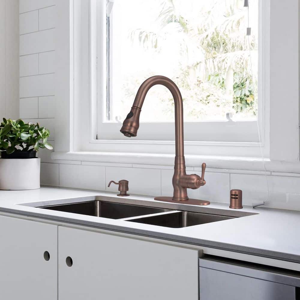 Antique Bronze Single Handle Pull-Down Kitchen Faucet with Deck Plate