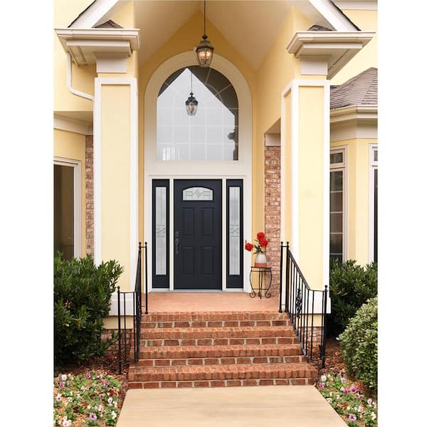 60 in. x 80 in. Right-Hand Camber Top Caldwell Decorative Glass Black Steel Prehung Front Door with Sidelites