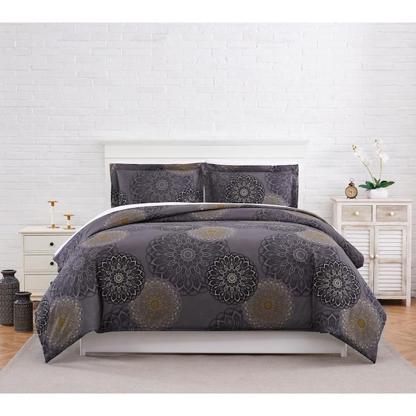 SOUTHSHORE FINE LINENS Midnight Floral 3-Piece Carbon Full/Queen Microfiber Duvet Cover Set