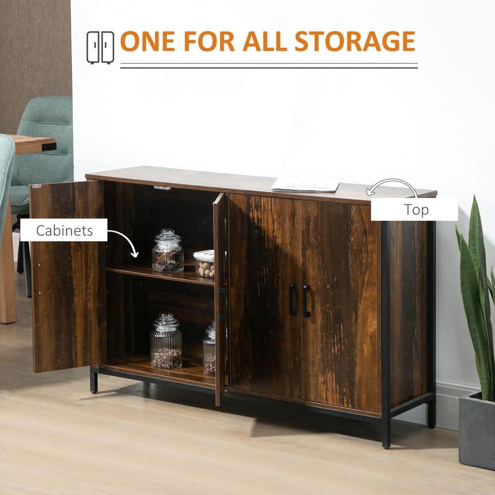 Rustic Brown Steel Frame Buffet Sideboard with Adjustable Shelves