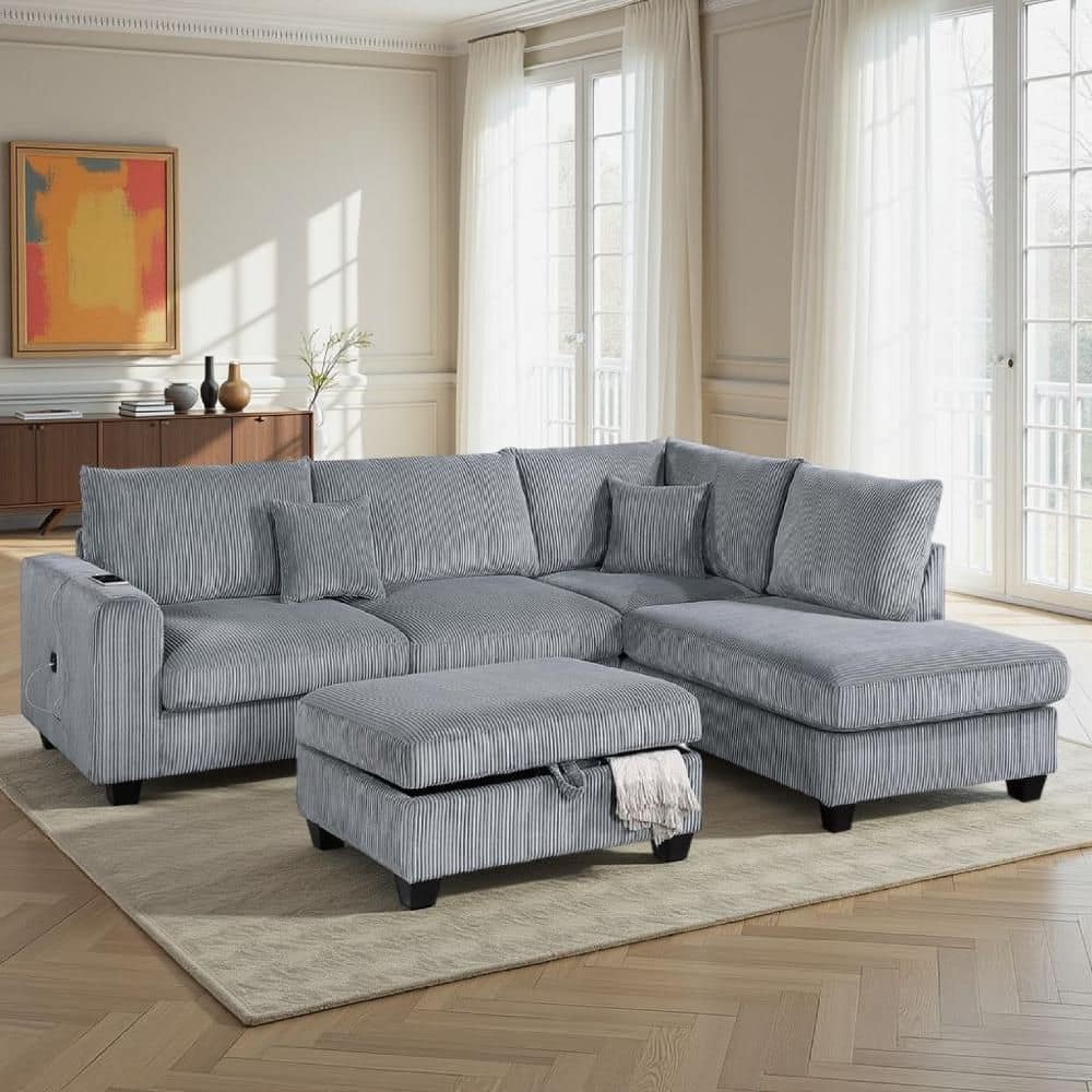 96 in. Square Arms Square Arm Corduroy L-Shaped Sectional Sofa and Storage Ottoman in Fog Gray price history on PriceWatchPro