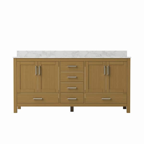 Thera 72 in. W x 22 in. D x 34 in. H Double Sink Freestanding Bath Vanity in Oak w/ Large Vein White Cultured Marble Top