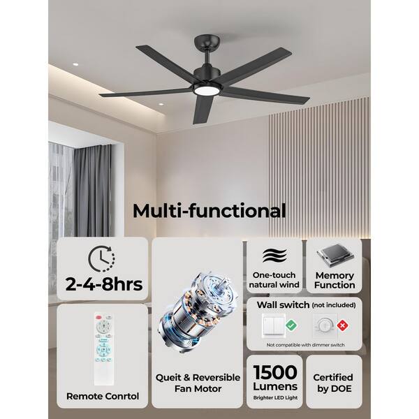 QRMOK W5 52 in. LED Indoor Black Ceiling Fan with Light and