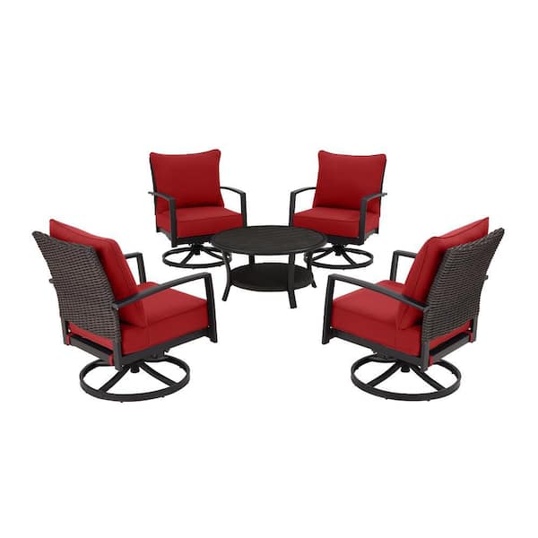 Hampton Bay Whitfield Dark Brown 5 Piece Wicker Outdoor Patio Motion Conversation Set With Chili Cushionguard Cushions 3022 Cmc The Home Depot Chili Cushionguard Cushions 3022 Cmc, Hampton Bay 5 Piece Patio Set