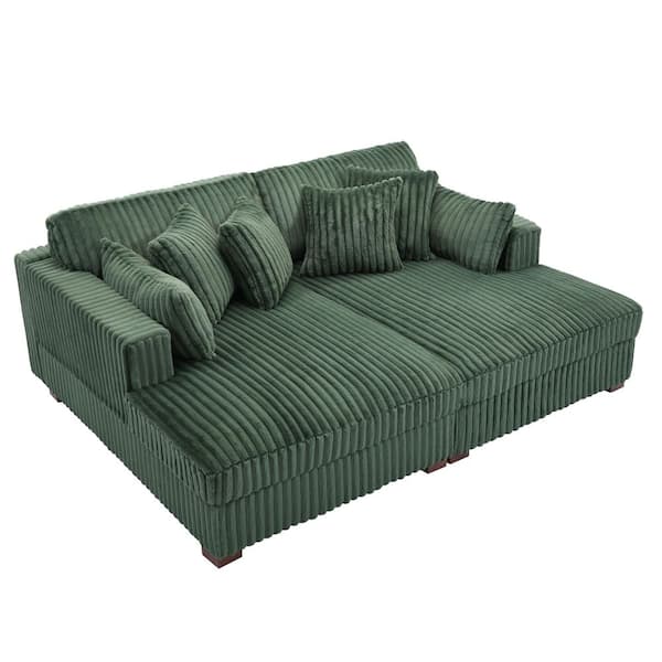 84.36 in. Modern Square Arm Faux Rabbit Fur Fabric Upholstered Sectional Sofa in. Green With Four Pillows