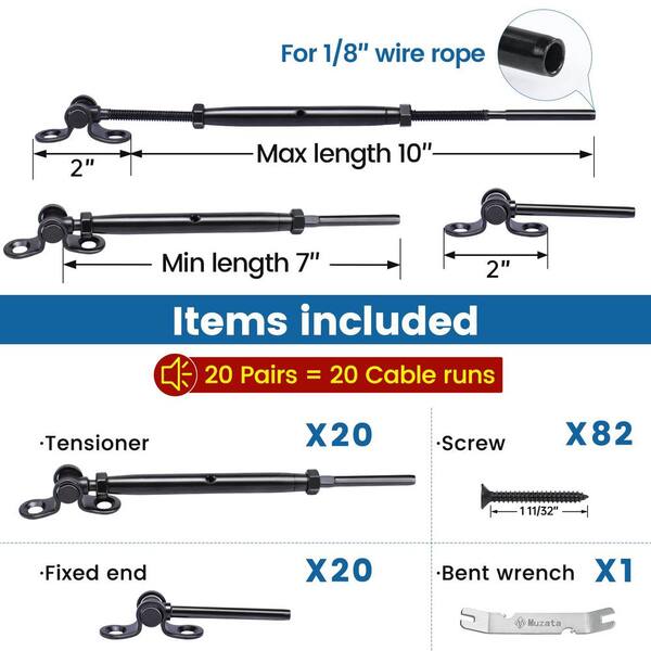 Angel Sar - 20-Pair Black Cable Railing Kit with 1/8 in. Swage Toggle Turnbuckles, T316 SS, WoodEasy System, 180° Adjustable