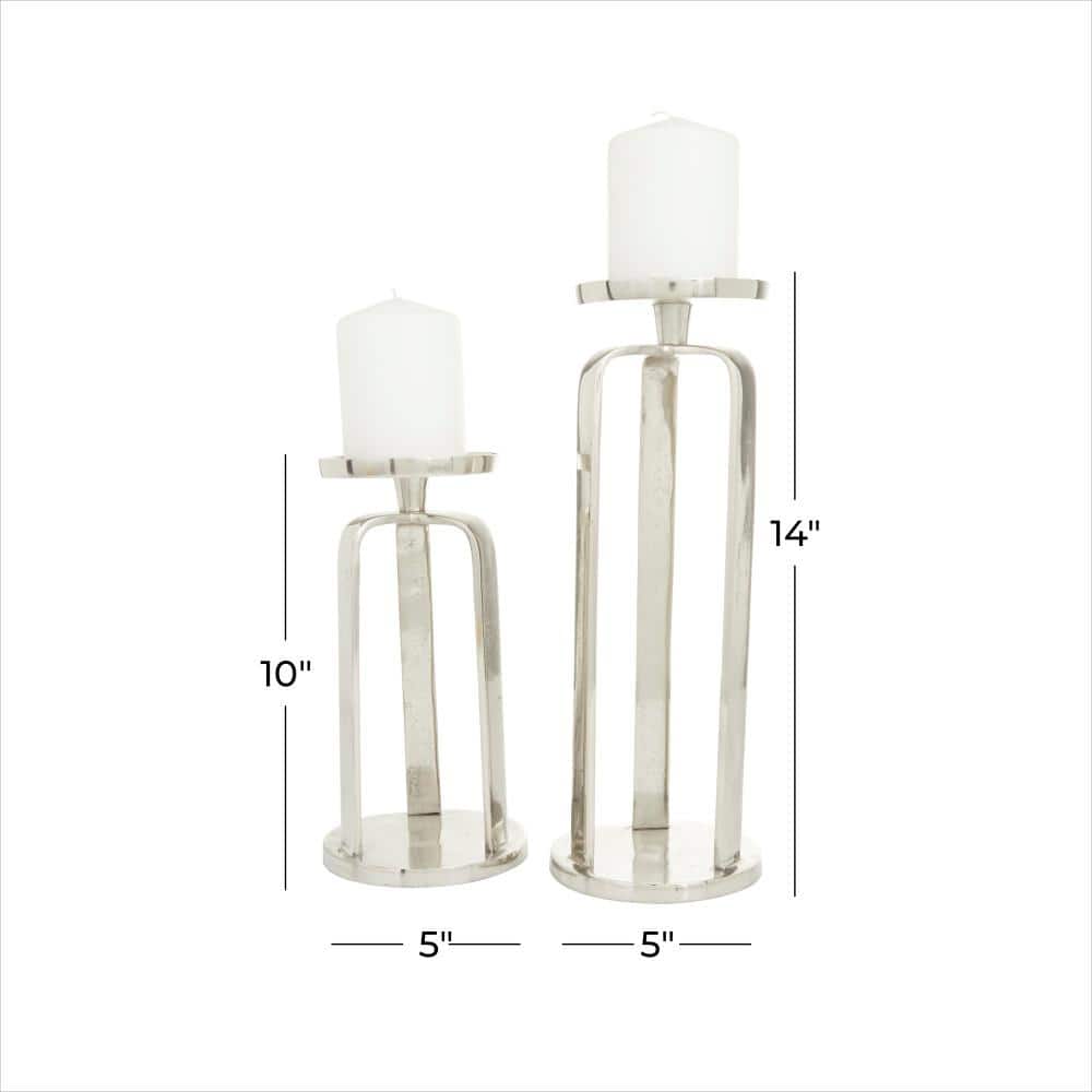 Contemporary Silver Aluminum Geometric Pillar Candle Holder Set