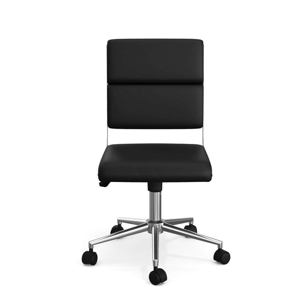 Black office chair viewed from the front.