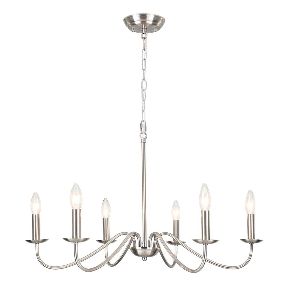 6-Light Nickel Farmhouse Candle Style Rustic Chandelier for Kitchen Island 
