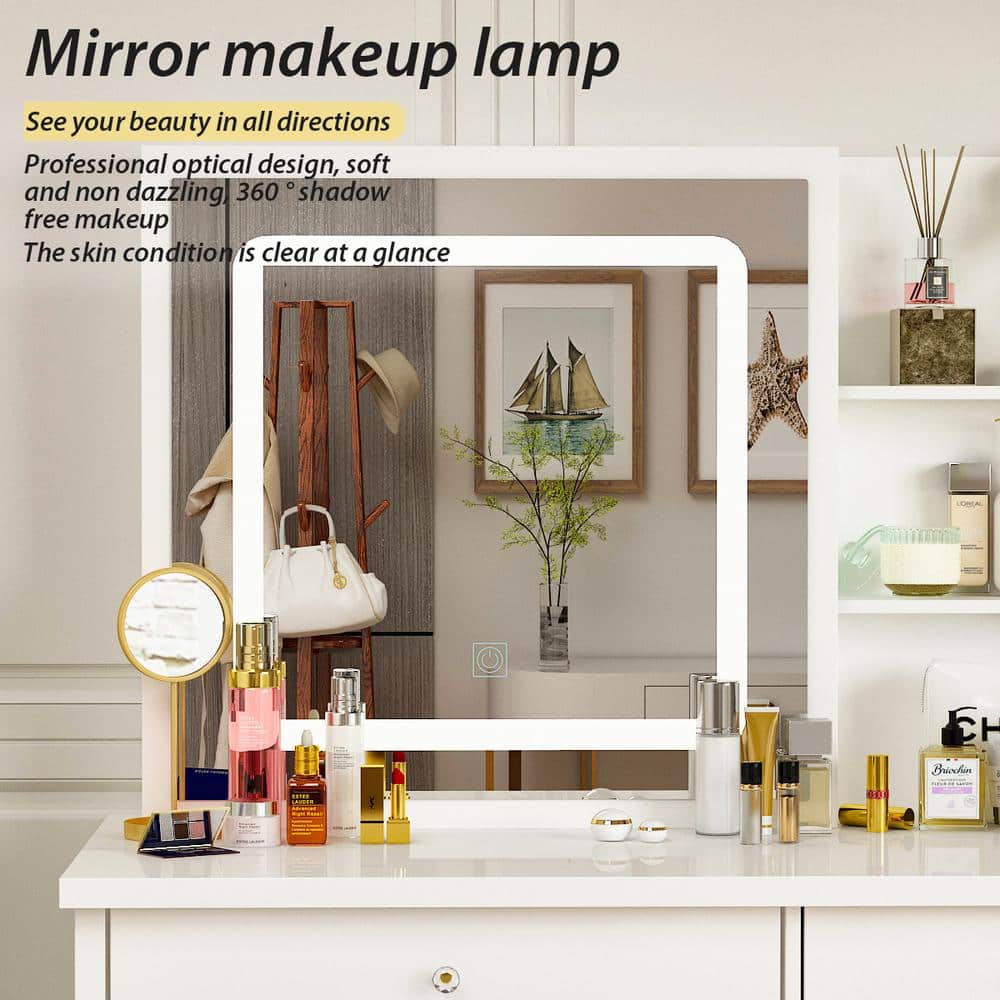 5-Drawers White Wood LED Push-Pull Mirror Makeup Vanity Sets Dressing Table Sets with Stool and 3-Tier Storage Shelves - thumbnail 9