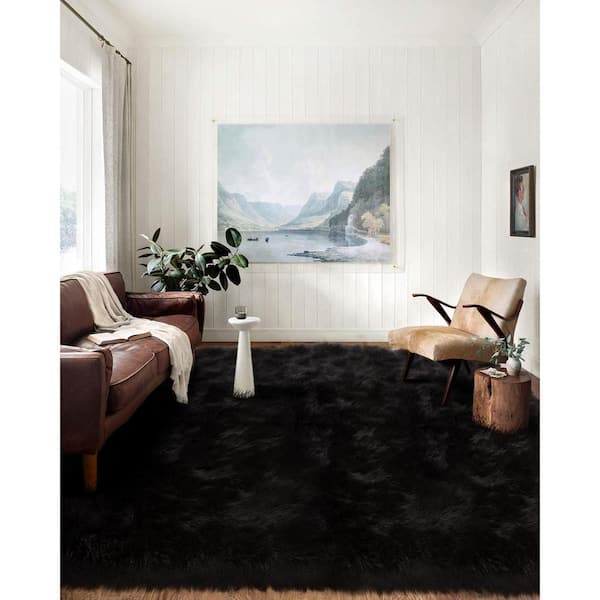 Sheepskin Faux Furry Black 9 ft. x 12 ft. Cozy Rugs Area Rug