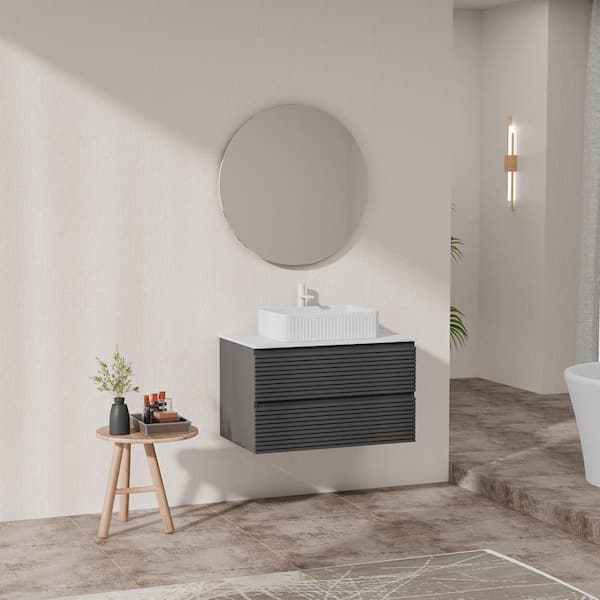 Baye 35.83 in. W Floating Gray Single Sink Bath Vanity w/ White Ceramic Sink and White Engineered Marble Top Unassembled
