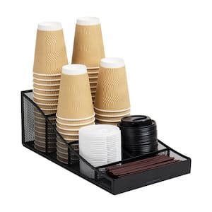 Cup and Condiment Station, Countertop Organizer, Coffee Bar, Metal Mesh, 8.5 in. L x 14.5 in. W x 5.25 in. H, Black