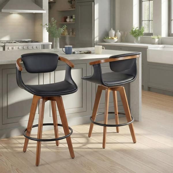 Oracle 26 in. in Black Faux Leather and Walnut Mid-Century Modern Counter Stool