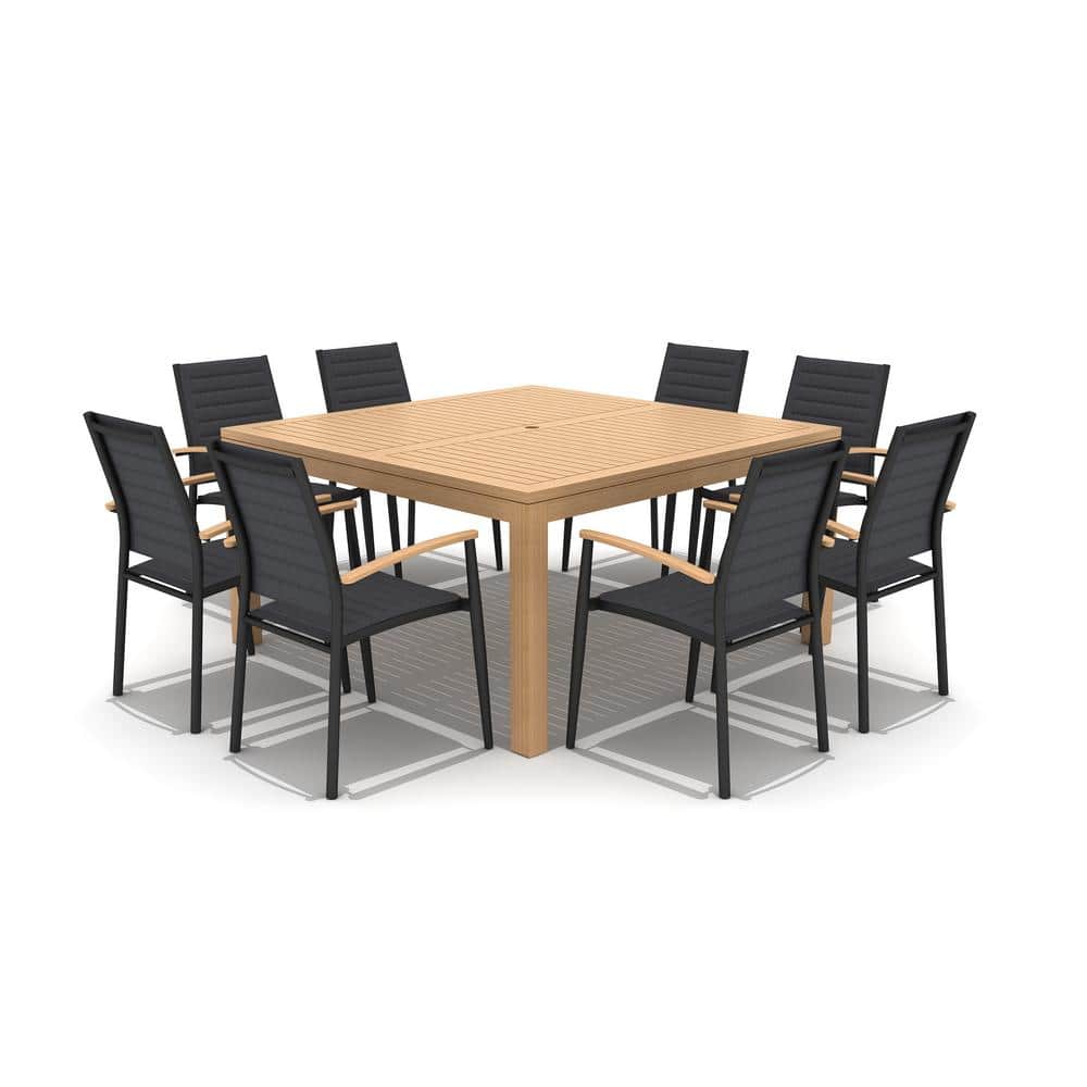 Berlin Dark 9-Piece 100% FSC Certified Teak and Aluminum Patio Square Dining Set