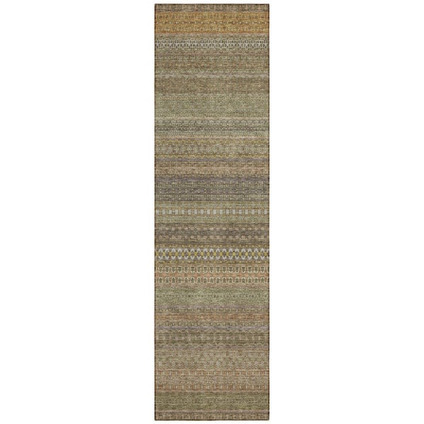 Khaki 2 ft. x 8 ft. Woven Striped Polyester Runner Indoor / Outdoor Area Rug