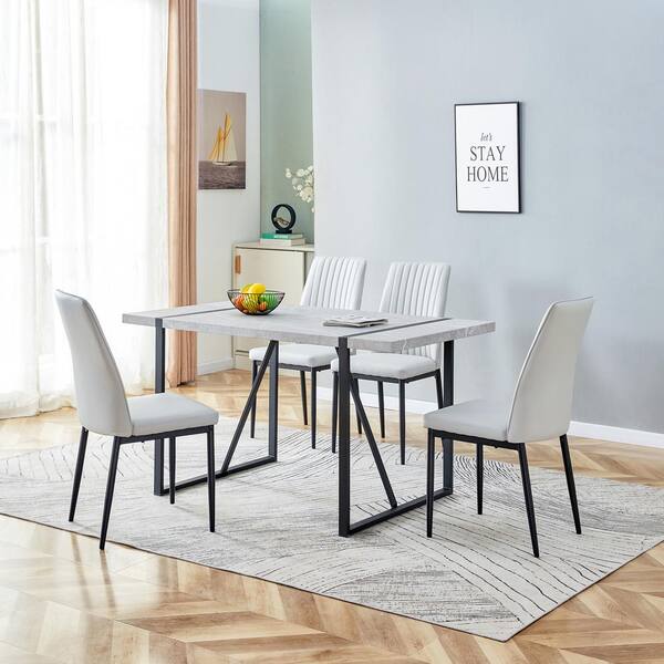 Polibi 5 Piece Faux Marble Top Dining Table Chairs Set for 4 Rectangular Dining Room Table Set with 4 Leather Chairs Gray