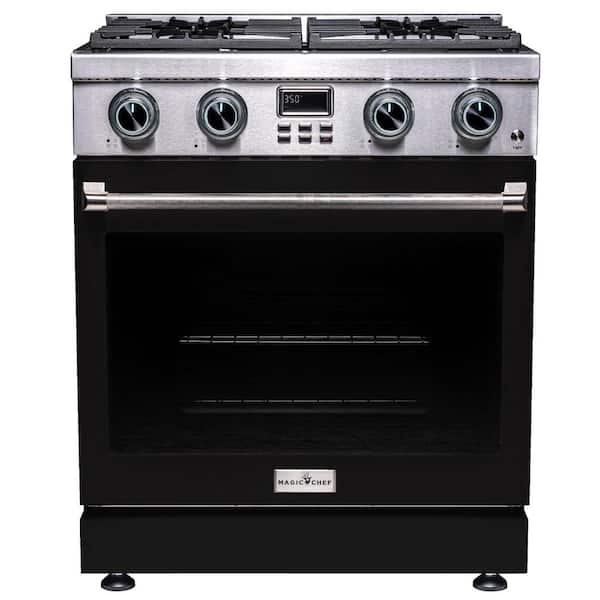 Pro-Style 30 in. 4-Burner Slide-in Gas Range with Convection in Stainless Steel with Black Oven Door