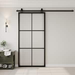 42 in. x 84 in. 6-Lite Frosted Glass Black Finished Aluminum Sliding Barn Door with Hardware Kit