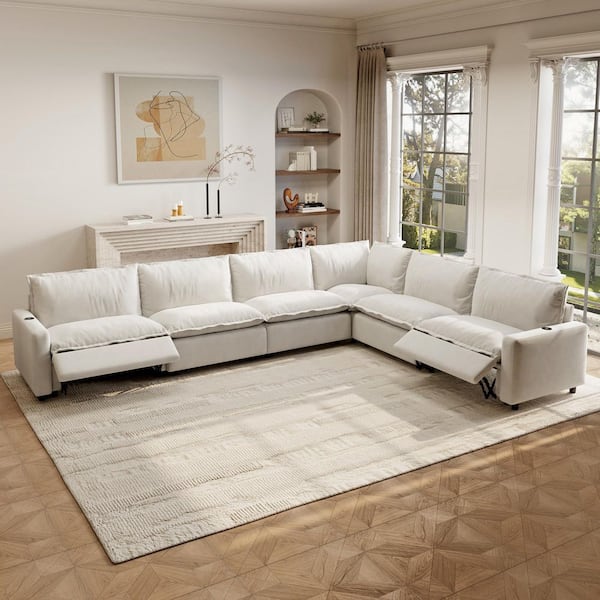 Power Recliner Couch, 140 in. Square Arm 6-Piece Linen Modular Motion Sectional Sofa with Heating, USB Ports in Begie