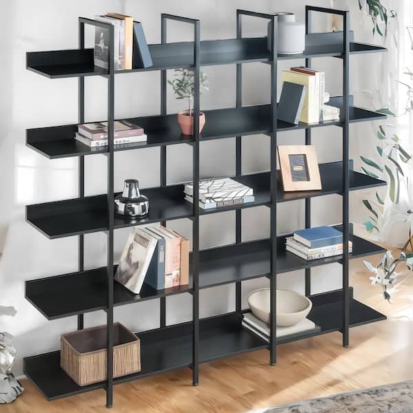 70.87 in. Tall Industrial Style MDF 5 Shelf Bookcase with Metal Frame Tall Open Storage Book Shelves Brown