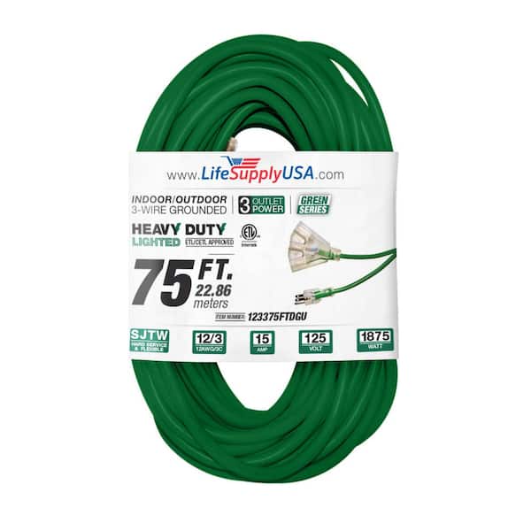 LifeSupplyUSA 75 ft. 12-Gauge/3 Conductors, 3-Outlet 3-Prong, SJTW Indoor/Outdoor Extension Cord with Lighted End Green (1-Pack)