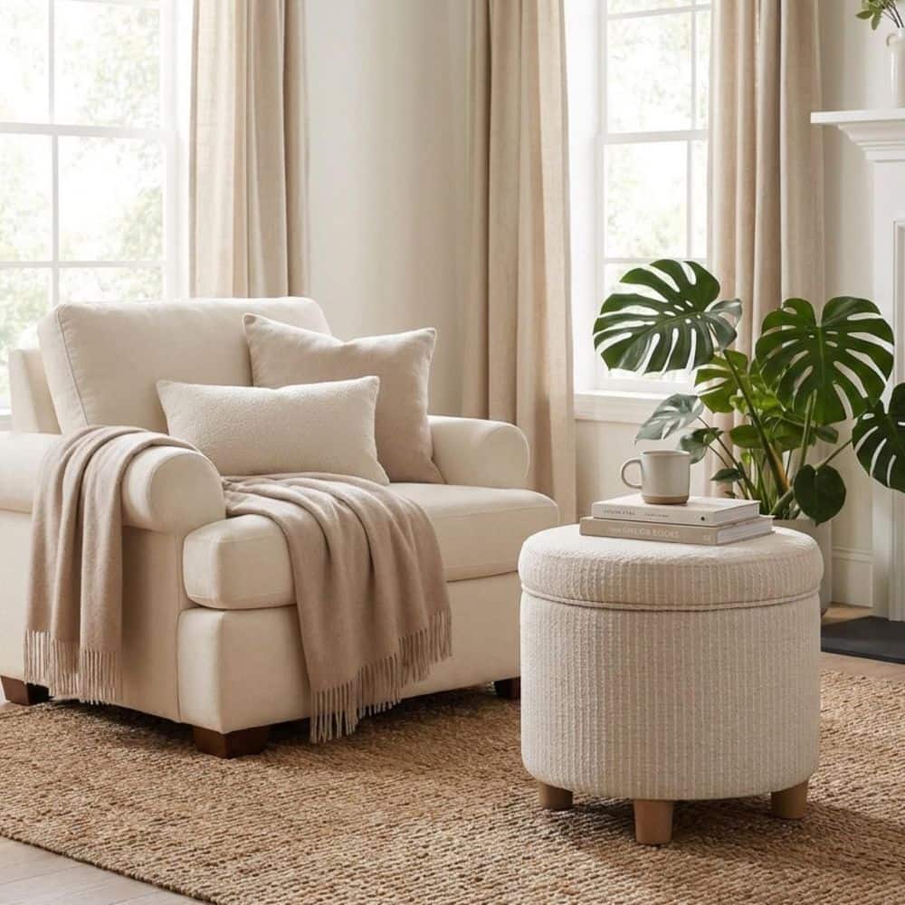 White Woven Stripe Fabric Round Storage Ottoman price history on PriceWatchPro