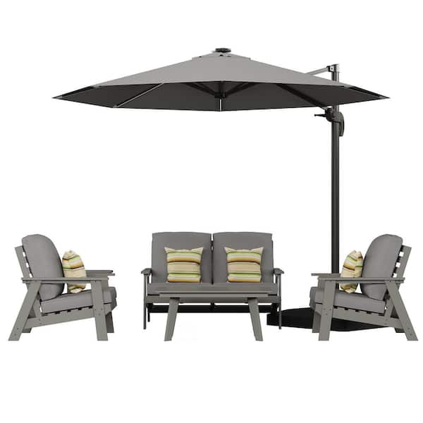 Clihome Outdoor Lounge Chair Set of 5 with Grey Cushions, Coffee Table and Patio Umbrella