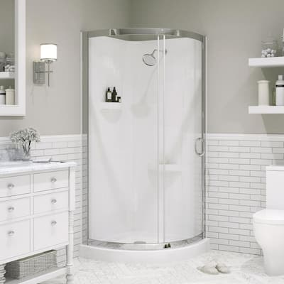 Glacier Bay Shower Stall Kit 34 in. x 76.40 in. Corner Drain Satin Nickel White GBSH133