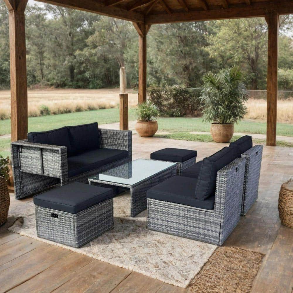 Tenleaf 6-Piece Wicker Patio Conversation Set with Black Cushions ...
