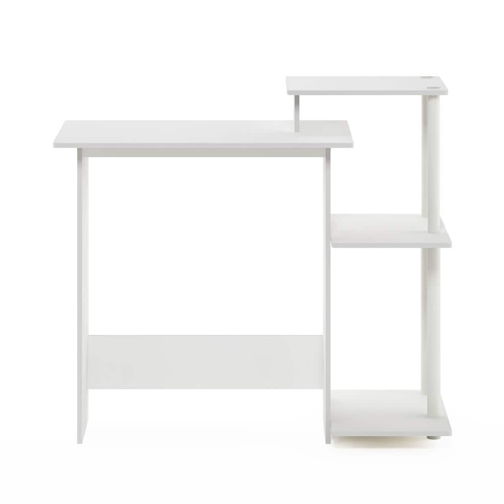 White Compact Wood Laptop Desk with Side Shelves
