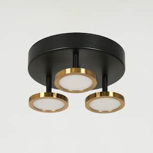 Adjustable 9 in. Modern 3-Light Black Integrated LED Semi-Flush Mount, Brass Gold Shade Round Ceiling Light