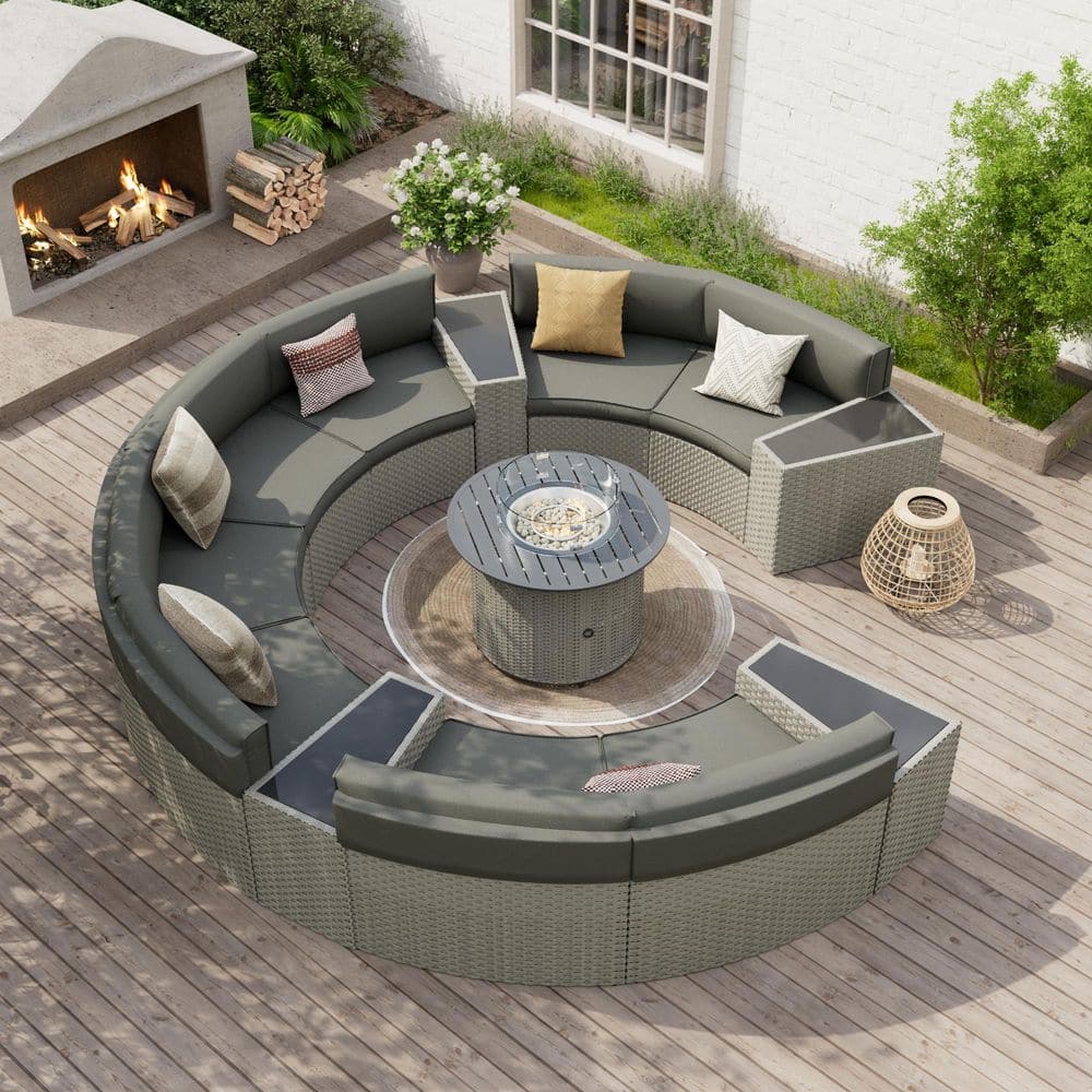 8-Person 13-Piece Fully Assembled Wicker Curved Half-Moon Outdoor Patio Fire Pit Conversation Set with Gray Cushions price history on PriceWatchPro