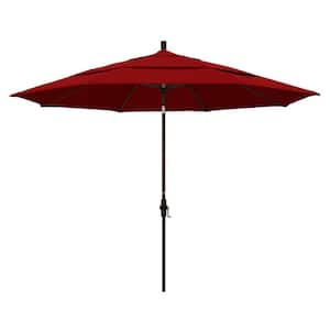 11 ft. Bronze Aluminum Pole Market Aluminum Ribs Crank Lift Outdoor Patio Umbrella in Jockey Red Sunbrella