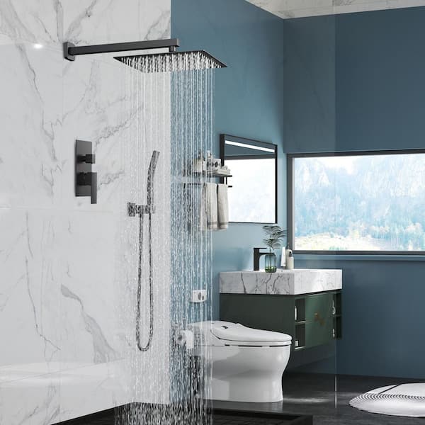 10 in. 2-Jet High Pressure Shower System with Handheld in Black (Valve Included)