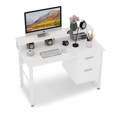 Harold 47 in. White Computer Desk with Hutch, Wood Modern Writing Desk with 2-Drawers Storage