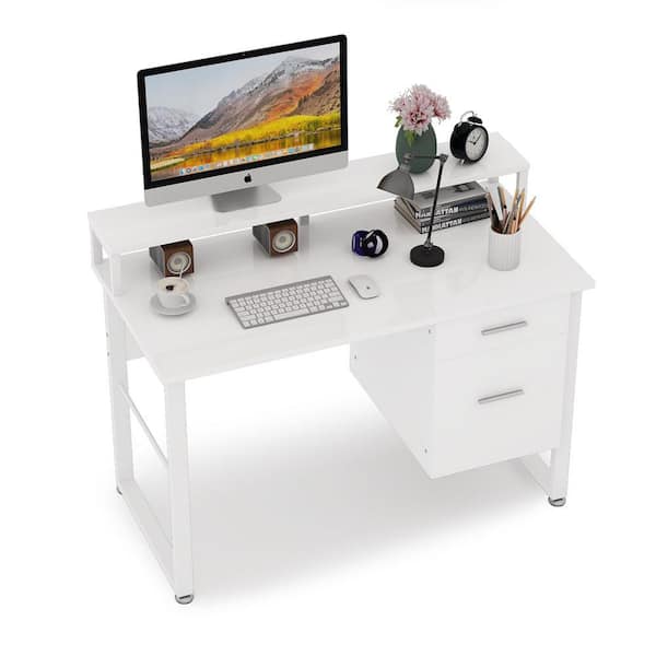 Computer Desk with Storage Shelves, 47 Inch Home Office Desk, Modern Office  Writing Desk, Student Study Table, White 