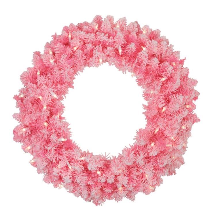 Northlight 24 in. Pre-Lit Flocked Pink Artificial Christmas Wreath with Clear Lights