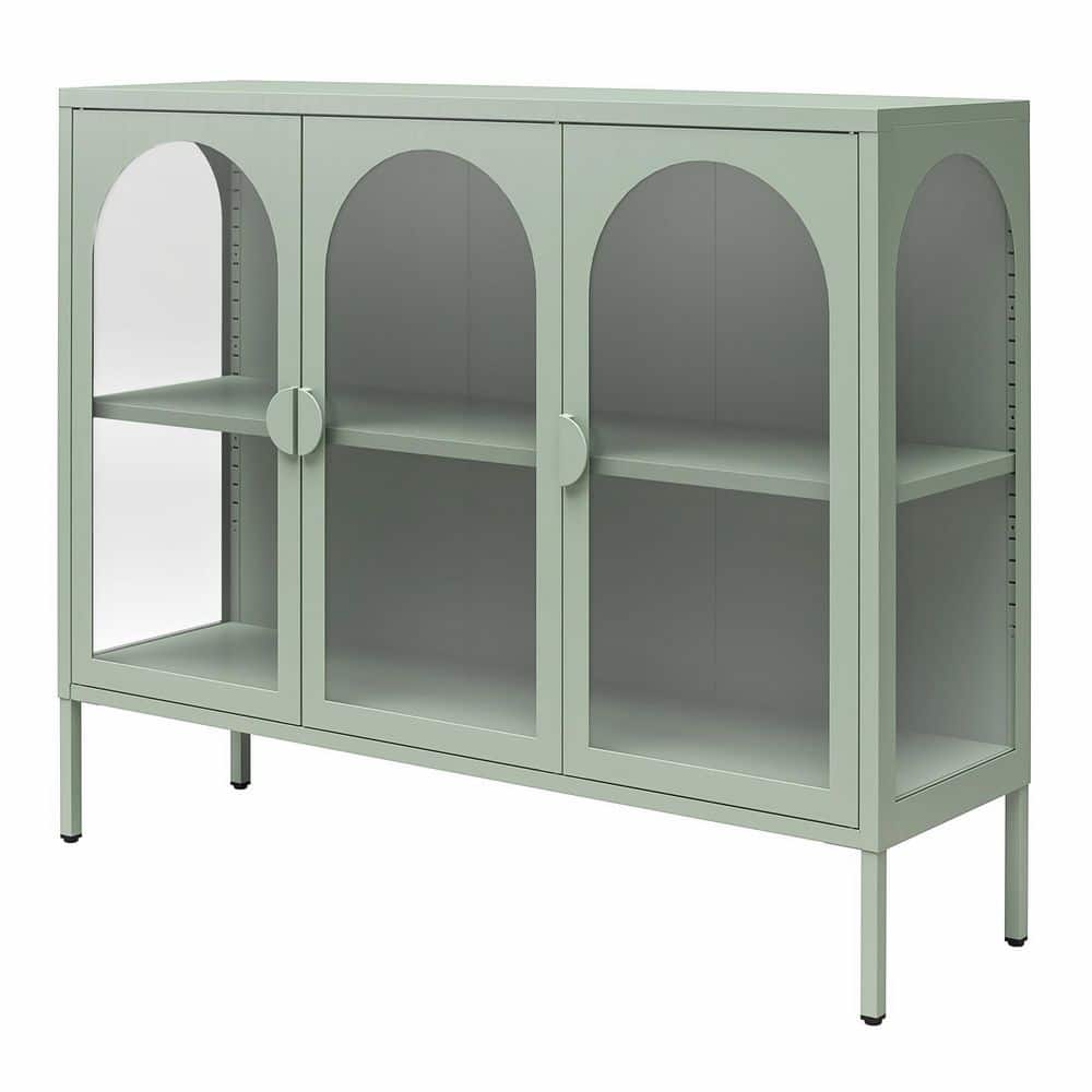 Pale Green Metal Accent Cabinet with Adjustable Shelving and Glass Doors