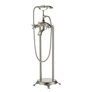 Classic Vintage Floor Mount 3-Handle Freestanding Tub Faucet with Hand Shower and Water Supply Hoses in. Brushed Nickel
