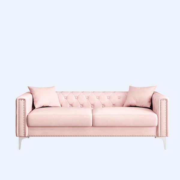 Z-joyee 83 in. Wide Square Arm Velvet Modern Rectangle Sofa in Pink